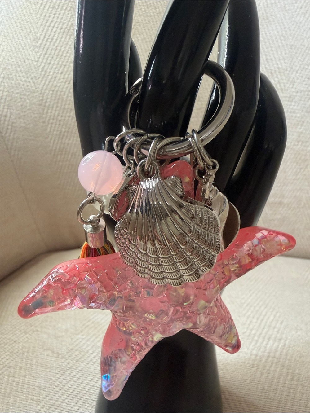 Pink Iridescent Starfish bag charm with Shell Charms